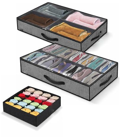 Organizador zapatos 2+1,Contenedor plegable grande y resistente para zapatos, botas, ropa y mantas,Organizador transparente para armario o bajo cama,Incluye Gratis Organizador de Cajón ropa interior