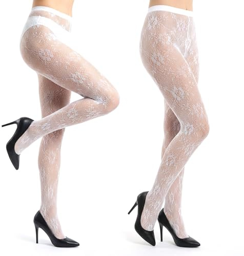 HekouJiub 2 Paia Collant in Pizzo con Design Floreale, Collant a Rete Bianchi per Donne, Calze Traspiranti in Pizzo da Balletto e da Danza per Donne, Calze Color Carne