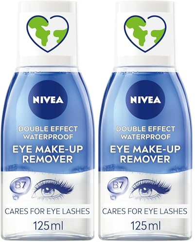 NIVEA Double Effect Waterproof Eye Make-Up Remover (125ml), Daily Use Face Cleanser for Make-Up and Mascara with Cornflower Extract and Biotin (Pack of 2)