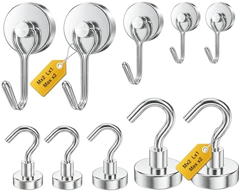 Tiergrade Ganci magnetici, dimensioni miste, confezione da 10 pezzi, colore argento, resistenti, per frigorifero, cabina da crociera, barbecue all'aperto, cucina e garage (Medium 4 + Large 2 + Max 4)