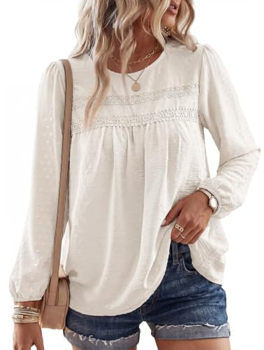 Fashora Chemisier Femme Blouse Col Rond Tee Shirt Manche Longue Dentelle Haut Top Chic et Élégant Tops Lâche Fluide Blouse Automne Tunique (Blanc, L)