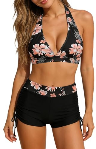 Maillot de Bain Femme 2 Pièces Bikini Dos Nu Sport Shorty Imprimé Taille Haute Bikini Set V-Cou Swimwear Haut Triangle Réglable Taille Mid Waisted Rembourré Maillot