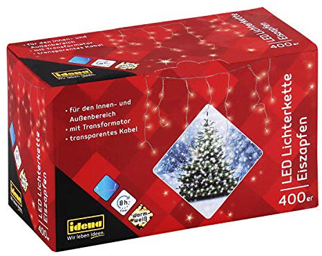 Idena 31819 - LED Lichterkette Eiszapfen mit 400 LED in weiß, mit 8 Stunden Timer Funktion und Transformator, ca. 10,27 m lang, Innen- und Außenbereich, für Partys, Weihnachten, Deko, Hochzeit