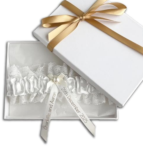 My Pretty Little Gifts Personalised Garter - Off White/Ivory Garter with Gold Text - Perfect Bridal Garter Bride to Be Wedding Hen Party - Gift Boxed