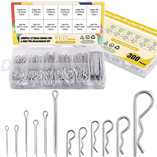 Glarks 300 Stück 12 Größen Splinte und Haarnadel-Sortiment-Set, 2 Stile, verzinkter Stahl, Anhängekupplung, Haarnadeln, R-Clips, Schlüsselbefestigungs-Set für Automotive, Mechaniker, LKWs, Rasenmäher