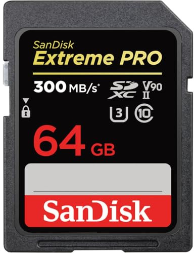 SanDisk 64GB Extreme PRO SDXC card, SD Card, V90 Memory Card, 8K, 4K and Full HD Video, up to 300 MB/s, Shock, Temperature, Water and X-Ray Proof, UHS-II, Class 10, U3