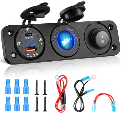 Kohree USB C Steckdose 12V, Type C QC 3.0 KFZ USB Steckdose 12V USB Steckdose Wohnmobil Auto USB Buchse Einbau Charger Socket Panel, LED Voltmeter, Zigarettenanzünder Splitter, EIN/AUS-Kippschalter