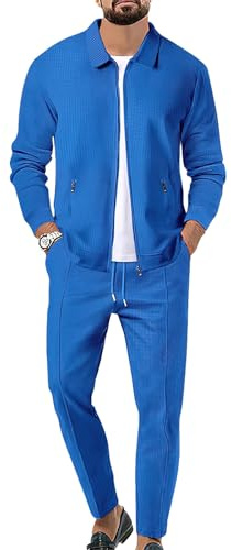 aromm Men's Waffle Tracksuits Zip up Jacket Top & Jogging Trouser 2pcs Sweatsuit Set Blue for Casual Sport Workout Business, XL