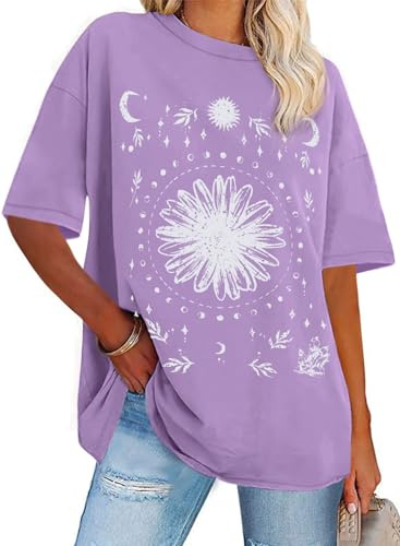florynova Womens Tops Summer Oversized Tshirt Crewneck Short Sleeve Casual Blouse（Purple Daisy，2XL