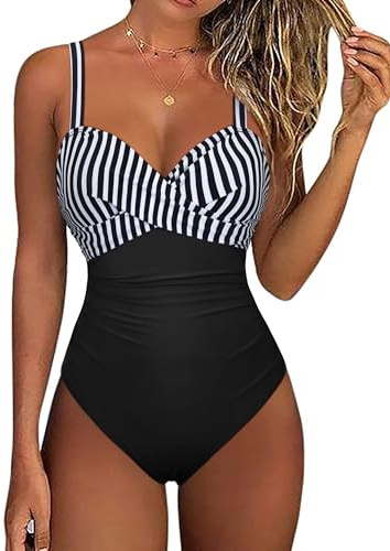 Hilor Womens Underwire 1 Piece Swimsuit Ruched Slimming Bathing Suit with Tummy Control Swimwear Swimming Suit Black&White Stripes 6