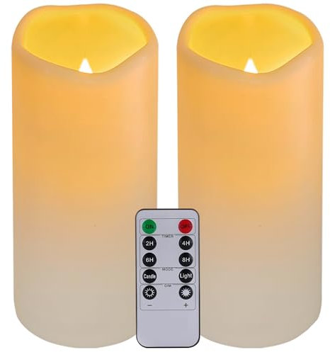 Nancia 2PACK Wasserdichte flammenlose Plastikkerzen im Freien mit Fernbedienung und Timer, LED flackernde batteriebetriebene elektrische Säulenkerzen (D7 xH15cm) für Camping, Hochzeiten, Home Deco
