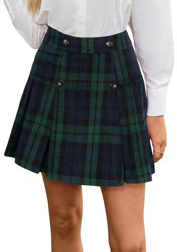 Kate Kasin Damen Hohe Taille Basic Rock Elegant Karomuster Faltenrock Grün L