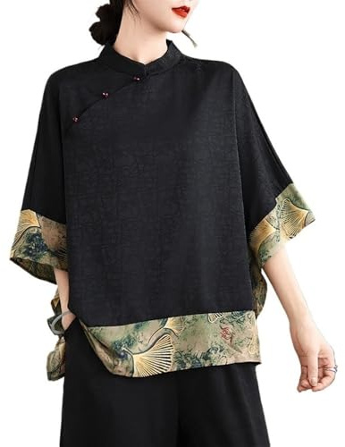 Women Chinese Style Floral Print Patchwork Tops Stand Collar 3/4 Sleeves Flowy Hem Shirt Retro Ethnic Style Blouse(A)