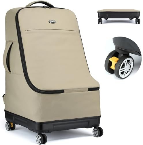 TUGUAN Bolsa de viaje para asiento de coche para avión con ruedas giratorias, mochila acolchada de viaje para asiento de coche, bolsa grande para puerta, Marrón, 71 cm, Mochila de viaje para asiento