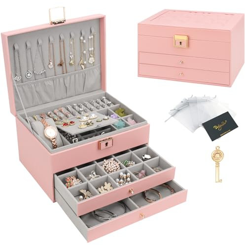 DesignSter Jewellery Box Organizer, Jewellery Organiser with 2 Drawers, 3 Layers Leather Jewellery Storage Box with Lock, Jewellery Storage Case for Necklace Earring Bracelet Ring, Pink
