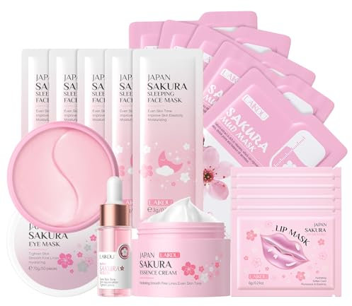 LAIKOU Sakura Hautpflege Set für Teenager, 18 Stück Gesichtspflege Reisegröße Mini, mit Gesichtsserum Augencreme Schlammfilm Gesichtsmaske Augenpads Lippenpads