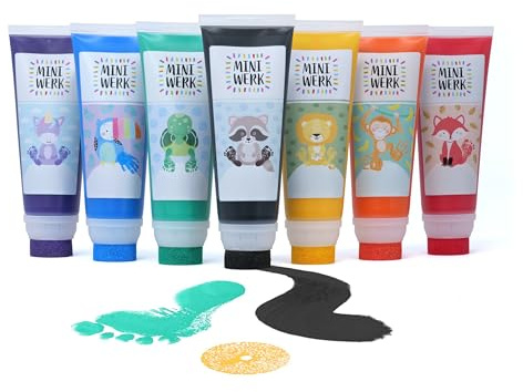 Miniwerk Naturfärg uppsättning med 7 med svampfäste – 7 ekologiska målarfärger från naturliga råvaror, fri från skadliga ämnen som fingerfärg – baby handavtryck fotavtryck (lila, blå, grön, svart,