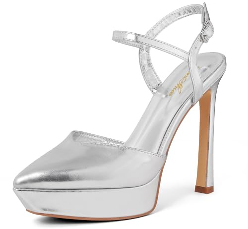 GENSHUO Scarpe Donna Punta Plateau 13cm Cinturino Caviglia Festa, Argento MOD B, 42 EU