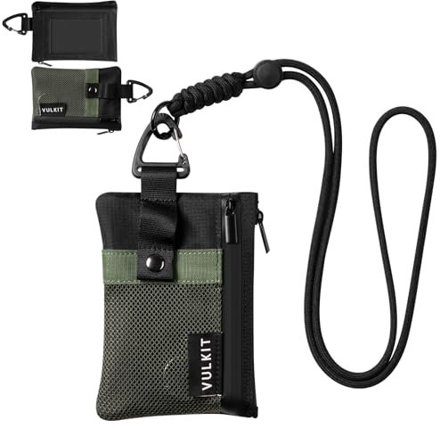 VULKIT Minimalist Small Wallet with ID Window, RFID Blocking Card Holder Water Resistant Zip ID Card Case Wallet with Lanyard Keychain for Cards,Cash,Key, Coin (Army-Green-Black)