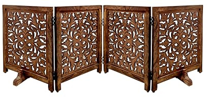 Lightnpro Wooden Foldable Pet Dog Safety Gate - 4 Panels 18 W x 24 H- Hand Carved Solid Wood and MDF - Free Standing Portable Indoor Doorway Hall Stairs Dog Puppy Fence - Fully Assembled - Burnt