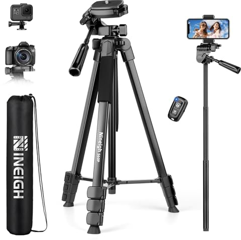 Nineigh Treppiede Fotocamera e Smartphone 45-211cm, Cavalletto Fotografico iPad in Alluminio con Supporto Telefono e Telecomando, Tripod Camera Portatile per iPhone/Tablet/Android Cellulare