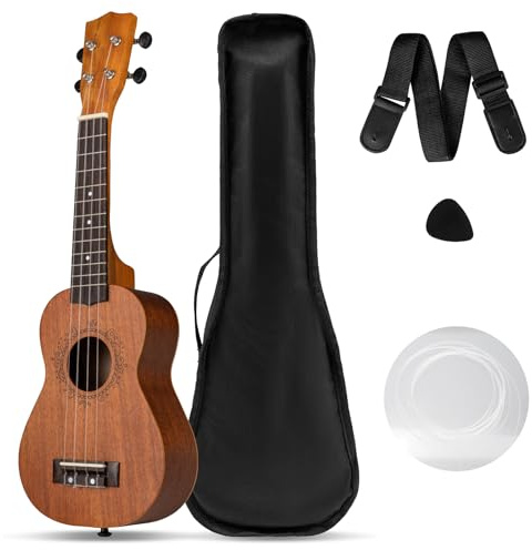 COSTWAY Ukulele per Adulti Principianti, Set Ukulele Soprano in Legno di Mogano con Borsa, Plettri, Cinghia Regolabile e Corde di Nylon Extra, Kit Starter per Bambini