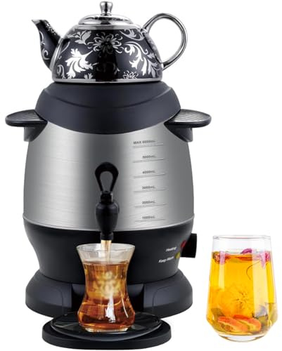 Elektrisk Turkisk Tebryggare, 1800w Samovar I Rostfritt Stål, 5 Liters Vattenkokare Och 1 Liters Tekanna, Med Varmhållningsfunktion Och Skållningsskyddande Handtag, För Kaffe, Doftande Te black