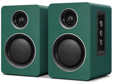 Active Bookshelf Speakers, 60W, Bluetooth 5.3, USB-C, AUX/RCA, Green | A 3-inch carbon fiber woofer, 1-inch silk dome tweeter and wood cabinets. For PCs, turntables, TVs, gaming and music.