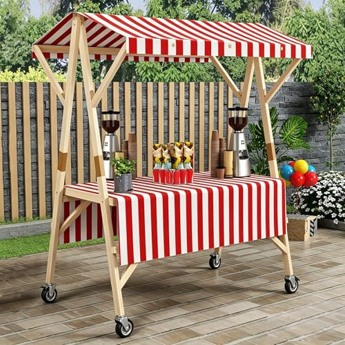 STCERY Carro De Comida De Madera con Ruedas, Puesto De Venta Plegable, Carrito De Exhibición Portátil con Toldo Y Mantel, para Mercados Callejeros, Ferias(Red,120cm/47.2in)