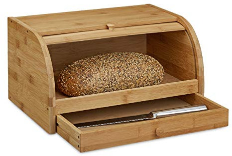 Relaxdays Rollbrotkasten mit Schublade, Bambus, aromadicht, Brotkasten mit Rolldeckel, HxBxT: 21 x 40,5 x 28 cm, Holz, natur