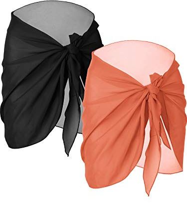 2 Pezzi Sarong Coverups per Costume da Bagno Avvolgente Gonna Spiaggia Bikini Copertura Costumi da Bagno Chiffon, Nero e Arancione., S
