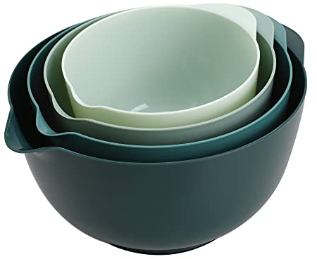 BoxedHome Green Ombre Nesting Plastic Mixing Bowl Set With Pour Spout, Microwave and Dishwasher Safe, BPA free Non-Slip Base, Set of 4 Size 1.7, 2.5, 3.5 and 4.5qt, Great for Prepping, Baking, Cooking