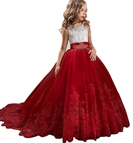 Bambina Maxi Abito in Pizzo Floreale Senza Maniche Elegante Vestito da Principessa Cerimonia Sera Sposa Prima Comunione Damigella Bambina Cocktail Prom per Ragazze,Rosso,160