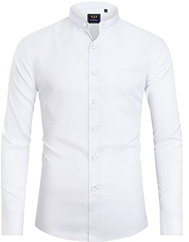 J.VER Men's Banded Collar Dress Shirt Mandarin Long Sleeve Button Down Shirts Stretch Collarless Tops White Medium