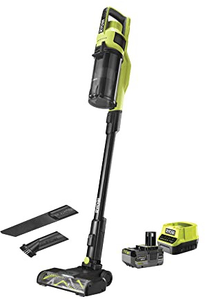 RYOBI – Aspirador Escoba 18 V inalámbrico con batería One+ / Motor sin escobillas y Viene con 2 cepillos y 1 Chupete Plano (1 batería de 4 Ah y Cargador) – RSV18BL-0