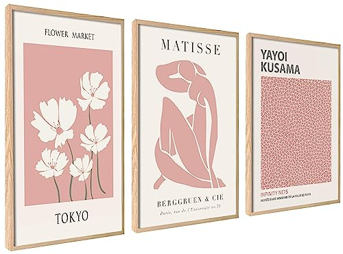 Modernt affischset | 3 stycken DIN A4 21 x 30 cm | Snygg Matisse Kusama pastell rosa collage med matchande bilder som väggdekoration | utan ram | Modern snygg Matisse Kusama pastellrosa collage med matchande bilder som väggdekoration, modern design, enkel montering