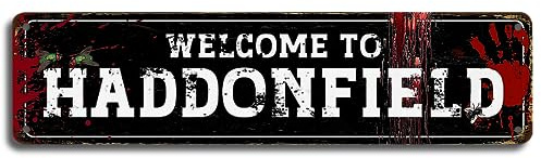 Letrero de metal con texto en inglés Welcome to Haddonfield, decoración de pared de película de terror vintage de Halloween, 4 x 16 pulgadas para dormitorio, póster de grito, mercancía de película