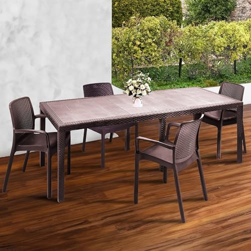 Dmora - Loungeset für draußen Manarola, ausziehbares Outdoor-Tisch mit 4 Stühlen, Gartentisch und Sitzen in Rattan-Optik, 100% Made in Italy, Braun