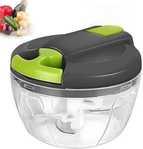 Zwiebel Zerkleinerer, 520 ml Zwiebelschneider Manuell, Gemüseschneider mit 3 Edelstahlklingen, Multizerkleinerer mit seilzug, Gemüse Zerkleinerer für Zwiebeln, Knoblauch