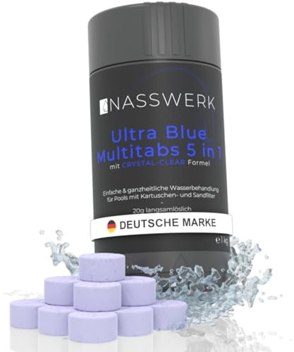 NASSWERK 5 in 1 Chlortabletten für Pool 20g (1kg bis 10kg) | Langzeit Ultra Blue Multitabs 5 in 1 für Pool & Whirlpool | Mini Chlortabs mit Chlor, Algizid, pH Regulierer, Reiniger & Aquamarin