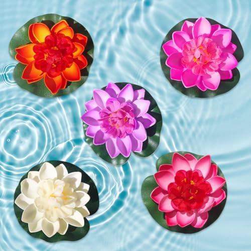 Cerioll Vattenlilja växter, 5 stycken konstgjorda näckrosor flytande, flytande lotusblommor, flytande blommor, konstgjorda näckrosor, för damm akvarier dekoration (blå + lila + rosa + röd + gul)