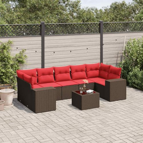 GeenYuu Ensemble canapé de Jardin modulable 8 pcs en rotin PE Marron avec Coussins rembourrés, Table en Verre trempé, Banquette d'angle, accoudoirs, Assise et Dossier pour terrasse extérieur Patio