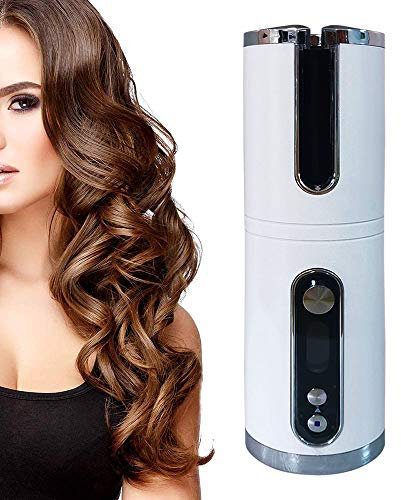Cordless Automatic Hair Curler, Auto Curler Adjustable Temperature with Built-in Rechargeable Battery and LCD Display USB Intelligent Curling Iron Hair Stying Tool, white