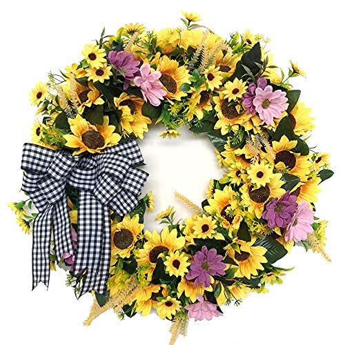 Sonnenblumenkranz mit Schleife, 50,8 cm, künstlicher Sommerherbst, große Kränze mit Blumen und grünen Blättern für Innen- und Außenbereich, Wand oder Fensterdekoration