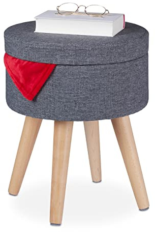 Relaxdays Taburete con Patas de Madera y Función de Mesa, Tapa Acolchada, con Almacenaje, 45,5 x 37 cm, Gris y Natural