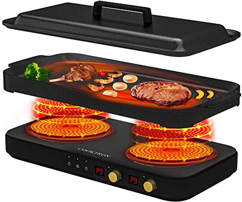 COOKTRON Portable Induktionskochfeld 2 Brenner mit abnehmbarem Eisen Guss Grillpfanne Antihaft, 2800W Doppelinduktionskochfeld mit Kindersicherung Zeit, ideal für Familienfeier