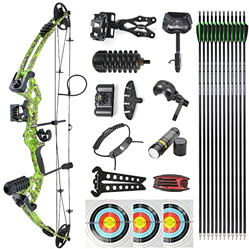AMEYXGS Bogenschießen Compoundbogen und Pfeil Set Compound Bogen Kit mit Allem Zubehör Verstellbarer 30-55 lbs Jagdbogen IBO 310 FPS Ablass 70% für Erwachsene Jagd und Zielübungen (Grün)