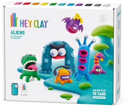 Hey Clay Aliens Set - Colourful Modeling Air Dry Clay for Kids - Air Dry Clay Kit 15 cans and Sculpting Tools with Fun Interactive Instructions App