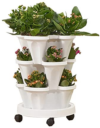 Tectsia Strawberry Vertical Planter Tower Garden, 3 Tiered Planter Stackable Herb Garden Planter with Movable Casters and Bottom Saucer Indoor and Outdoor - White