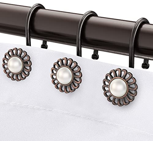 Oil Rubbed Bronze Shower Curtain Hooks, Decorative Sunflower Shower Curtain Rings for Bathroom Shower Curtain Rods and Liner,Metal Shower Hooks, Floral Pearl Shower Rings for Curtain Set of 12